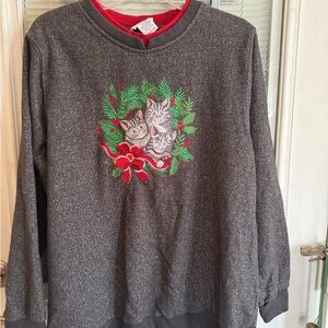 Vintage Y2K Bon Worth Gray Sweater Christmas Cat Embroidery 90s Grandma Cat Lady